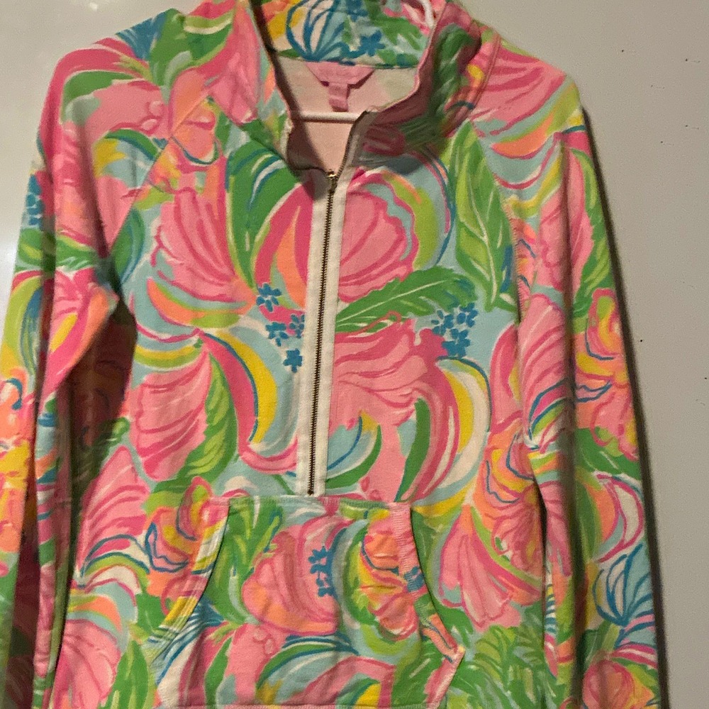 Lilly Pulitzer Womens medium Tropical Floral 1/2 Zip Pullover Sweatshirt Pink